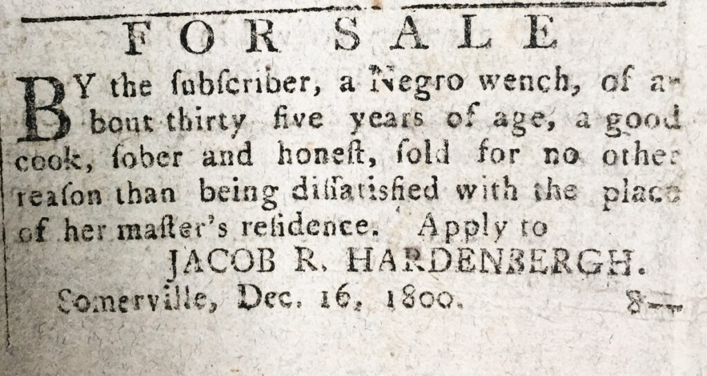 Jacob R. Hardenbergh Jr. slave sale ad