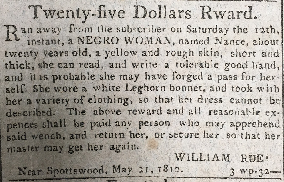 New Brunswick NJ Newspaper 1810 Runaway ad for Nance enslaved black woman